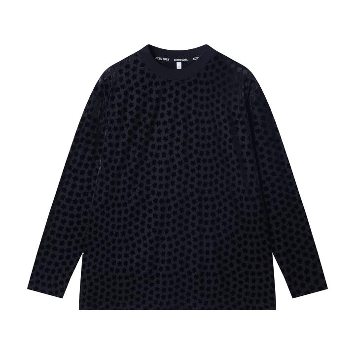 夏季高级感新款韩版撞色立体提花圆领长袖T恤小众设计显瘦上衣