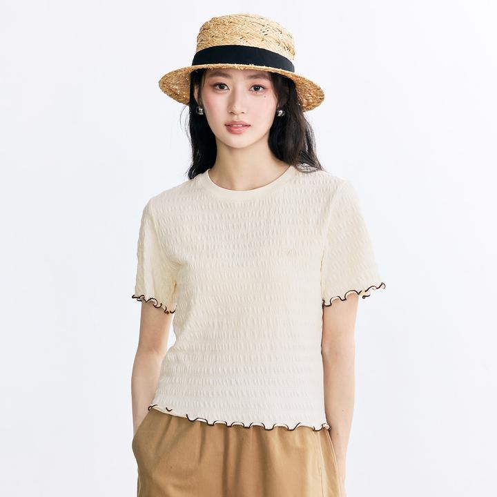 法式木耳边短袖T恤女2025夏季时尚肌理感百搭休闲套头上衣