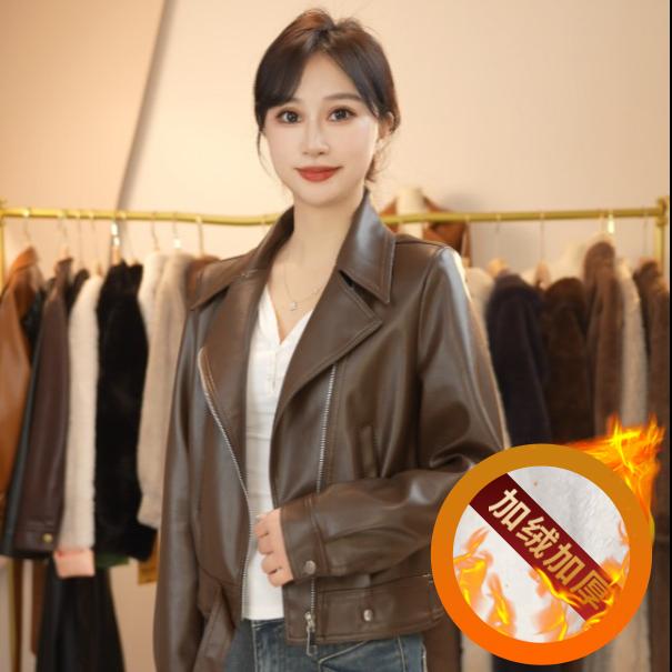 【海宁原产】翻领短款皮衣女气质时尚休闲百搭加绒加厚保暖夹克外套