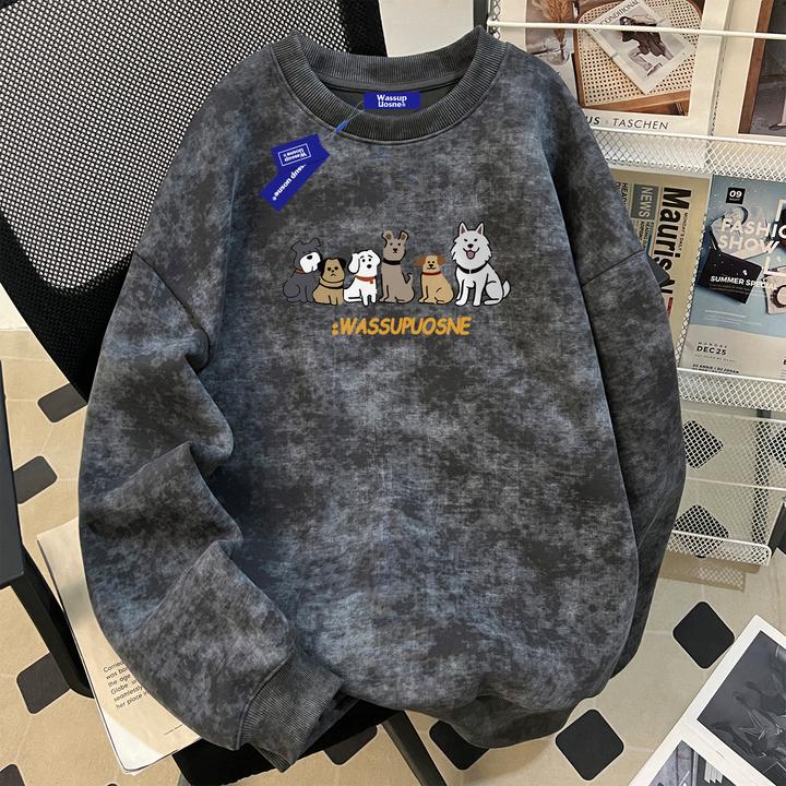 美式复古重磅蜡染卫衣男秋冬加绒加厚挺阔休闲宽松百搭套头上衣服