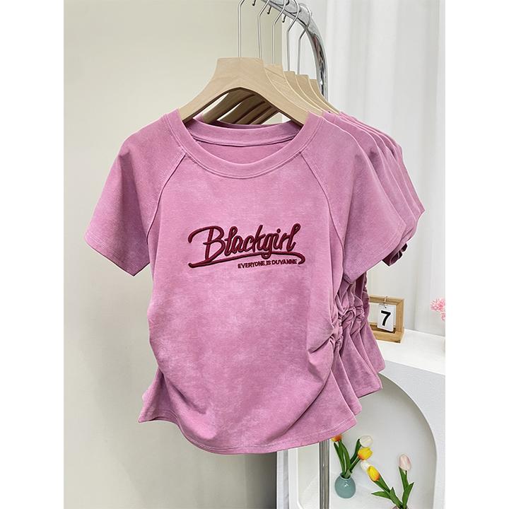 大码胖mm200斤原创扎染掐腰正肩t恤女夏季气质小众辣妹修身短袖衫