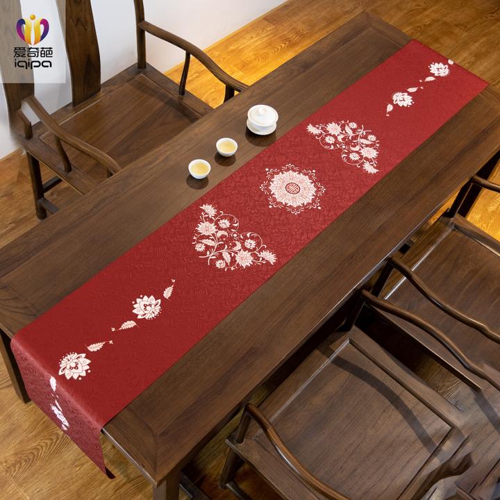 莲运花开桌旗轻奢高端茶席垫子中式复古茶台桌布红色结婚茶桌垫布