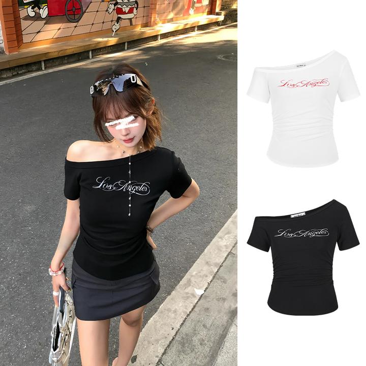 Moses Queen/魔西女王美式斜肩短袖字母印花露肩t恤辣妹短款上衣