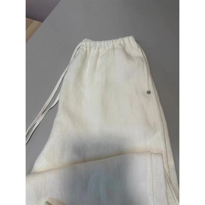 大码女装夏季微胖好看舒适透气凉快亚麻白色长裤松紧腰抽绳阔腿裤
