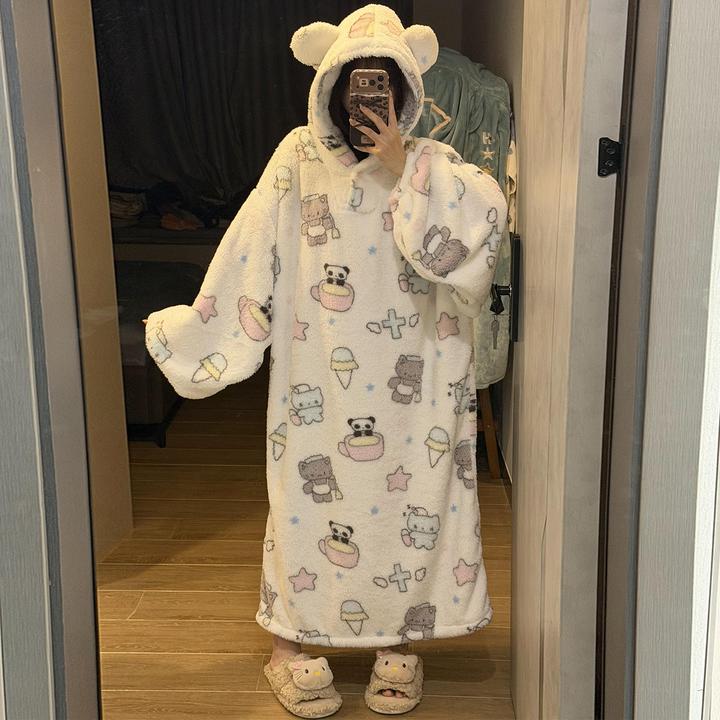珊瑚绒睡裙女秋冬季中长款大码睡衣冬天保暖长毛绒茶杯熊猫家居服