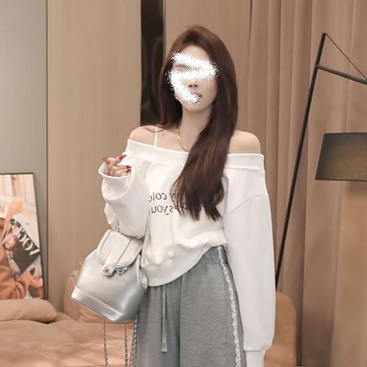 早春2025新款一字领长袖卫衣女时尚洋气性感斜肩套头显瘦上衣ins