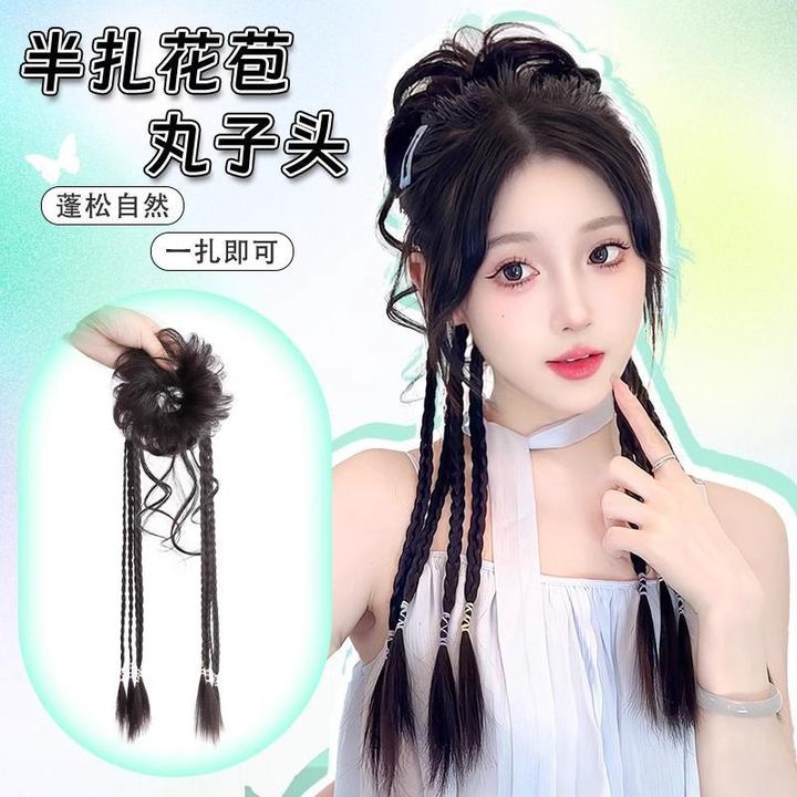 龙须拳击编蓬松自然复古花苞头龙须丸子头假发发圈半扎麻花拳击辫