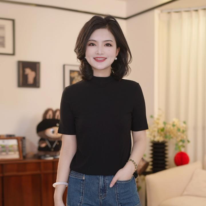 枫竺阿楠anan 温柔岁月 半高领纯色百搭修身内搭气质中袖T恤女春