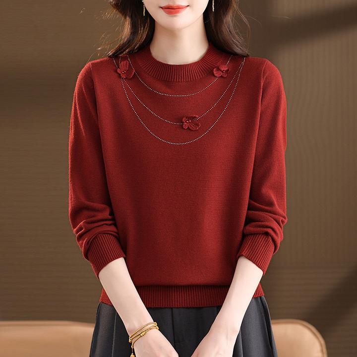 洋气妈妈红色花朵毛衣女秋冬2025新款冬季羊毛针织打底衫气质上衣