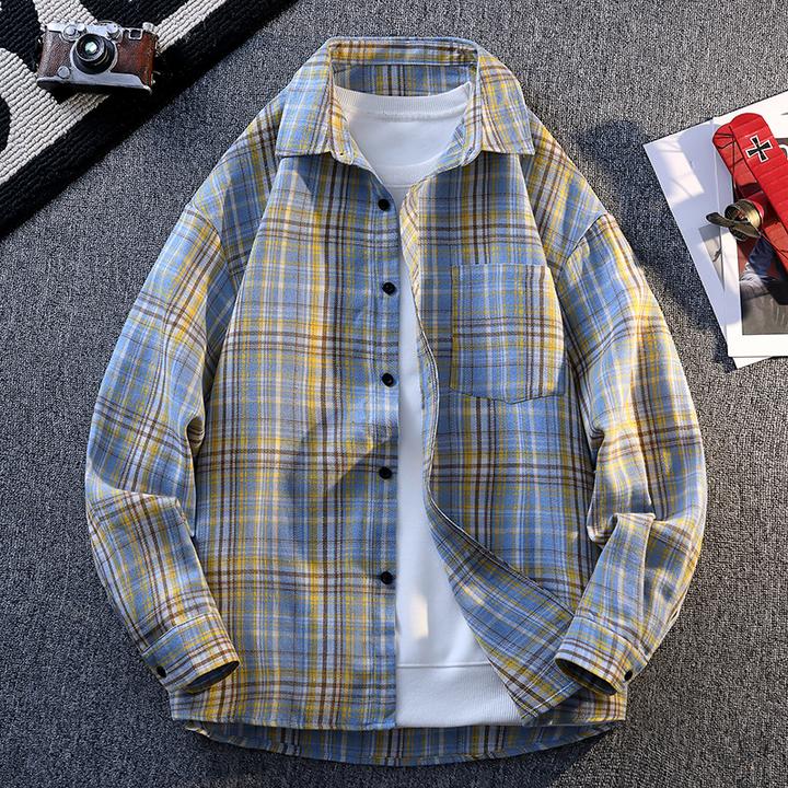 春秋季男生美式休闲格子长袖衬衣新款复古宽松青少年潮流翻领衬衫