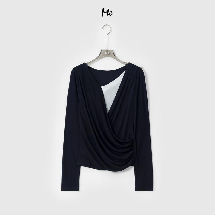 ME【都市之夜】天丝绵羊毛混纺假两件垂褶显瘦时尚百搭上衣MESA0424