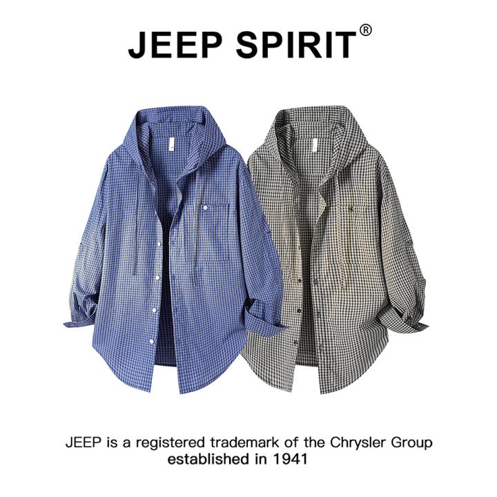JEEPSPIRIT吉普复古休闲格子衬衫男秋季新款宽松慵懒连帽长袖衬衣