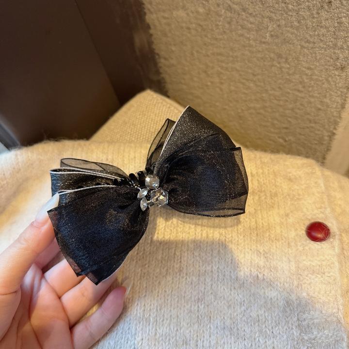 韩系黑色蝴蝶结水钻香蕉夹超仙网纱竖夹气质后脑勺马尾夹半扎发夹