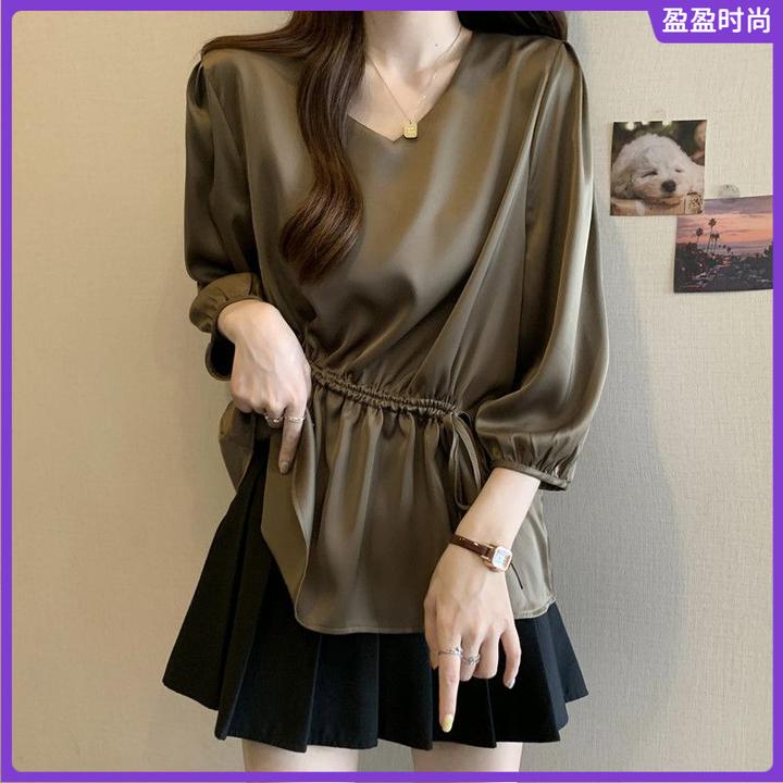 l七分袖V领打底衬衫女夏装大码胖mm显瘦设计感收腰遮肚子上衣I