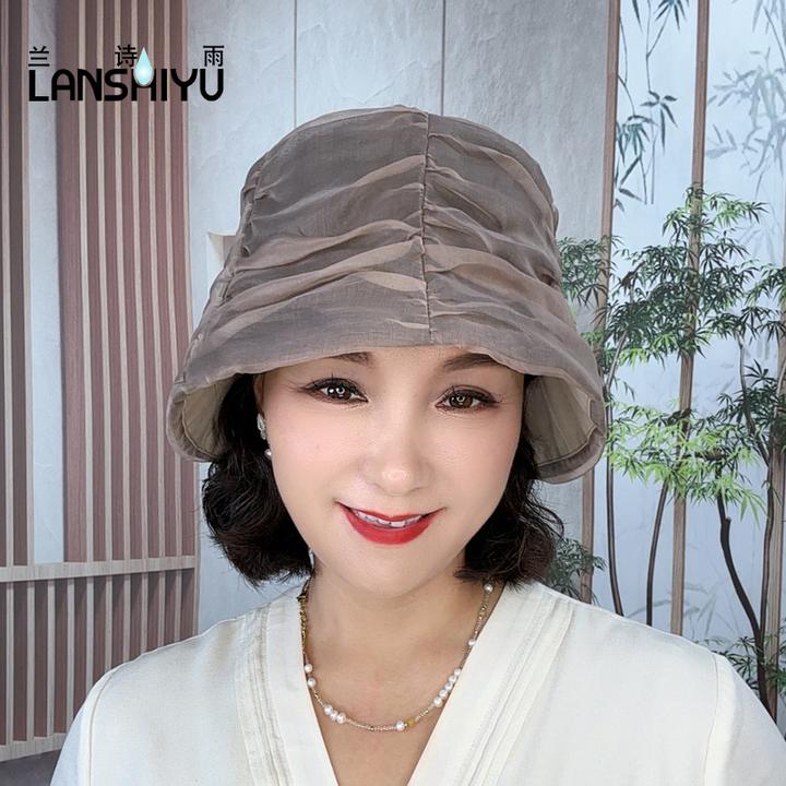 夏季真丝帽子女桑蚕丝装饰帽遮阳帽女度假透气休闲显脸小渔夫帽