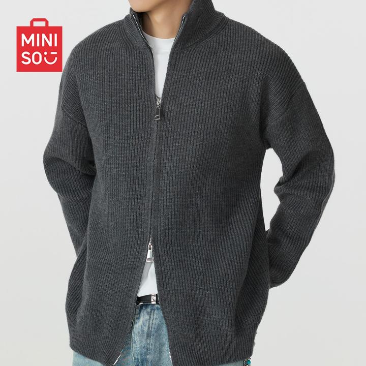 MINISO名创优品青少年双拉链开衫毛衣秋季新款宽松慵懒感灰色外套