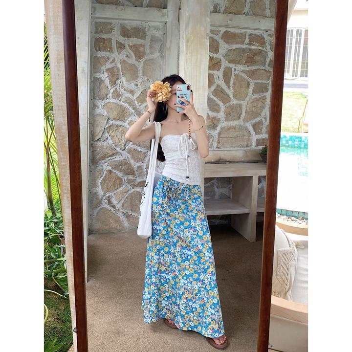 轻奢新款 春夏设计感挂脖抽绳抹胸上衣长款绑带碎花半身裙网红款