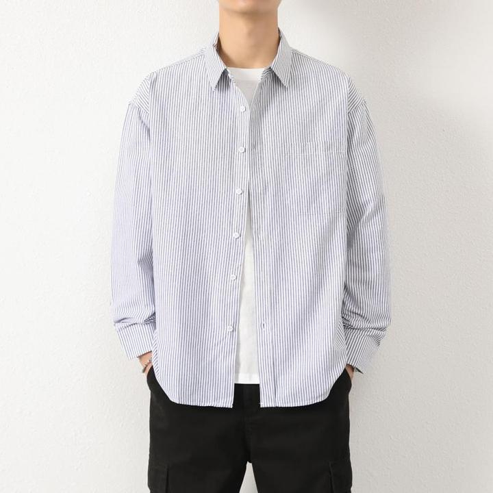 2025春季新款男日系潮牌白蓝竖条纹长袖衬衫宽松外套翻领长袖衬衣