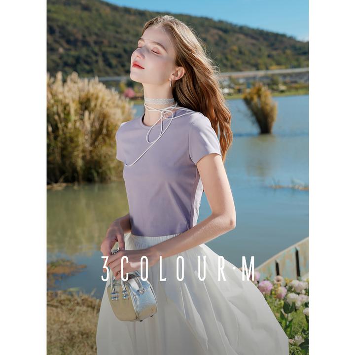 三彩2025春季新款修身短款圆领T恤正肩短袖上衣基础套头衫休闲M