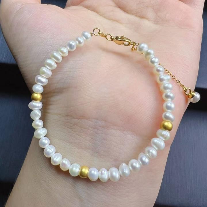 999足金小金珠手链黄金4mm金珠天然淡水珍珠手链送女友老婆礼物女