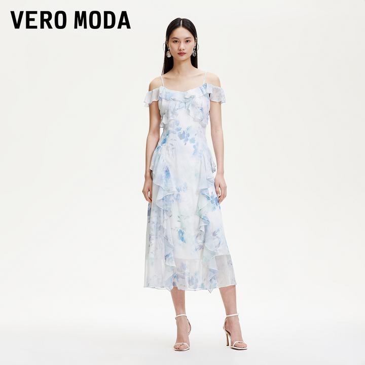Vero Moda连衣裙2025新品层叠荷叶边碎花雪纺吊带高贵连衣裙