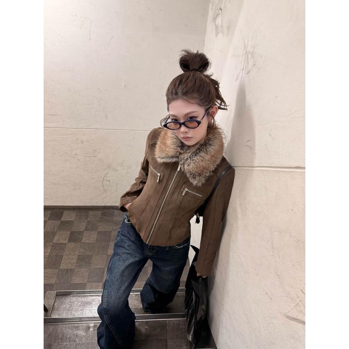 美式辣妹加绒豹纹毛领拉链外套上衣女秋季修身显瘦时尚复古夹克