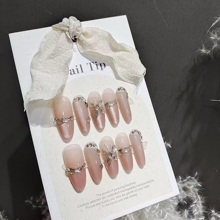 穿戴甲10片S122梦幻蝶影长圆头手工猫眼温柔可爱少女心假指甲