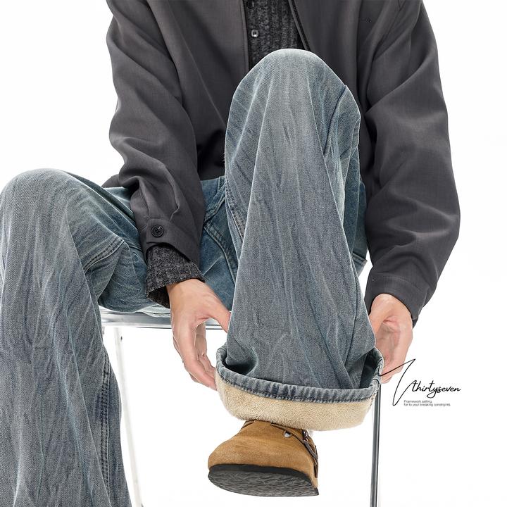 V37美式高街闪电纹水牛仔裤男款秋冬加绒加厚阔腿微喇弯裤子