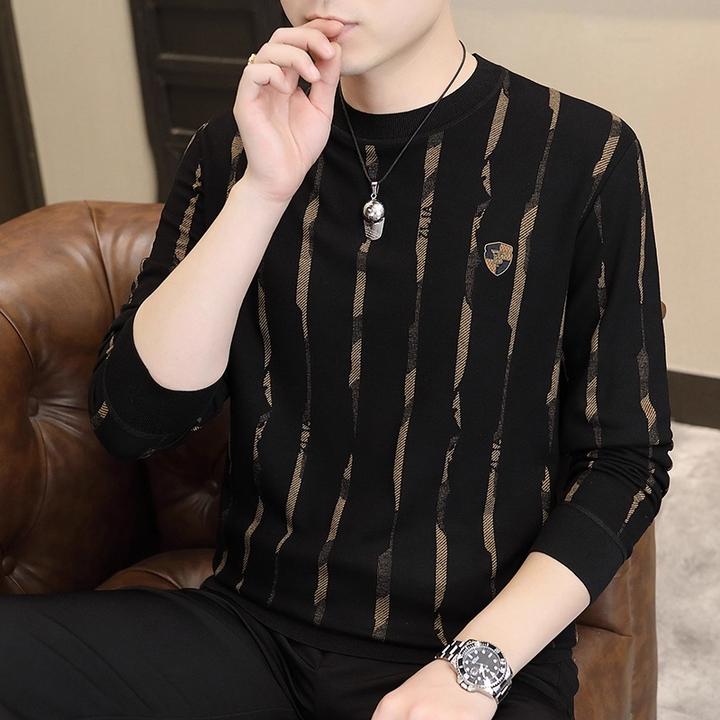 时尚潮流圆领卫衣男春秋款高端欧货竖条纹印花长袖t恤纯棉上衣服