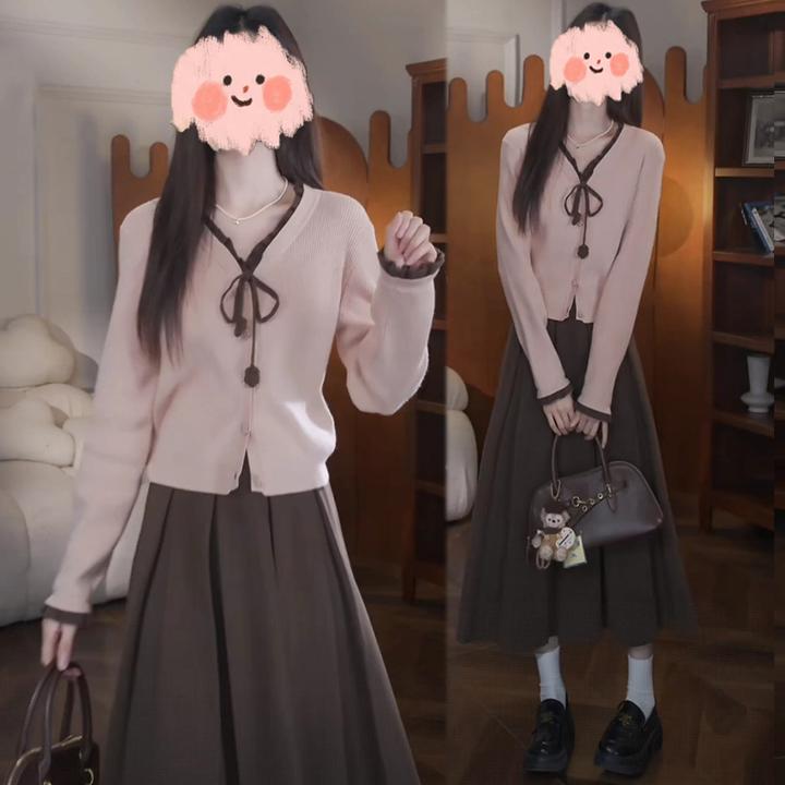 【南杏庄园】秋季新款韩系慵懒假两件针织衫高腰显瘦半裙两件套装女