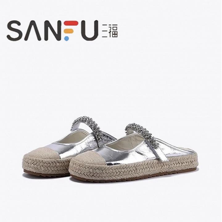 三福2025夏季新款银色水钻玛丽珍鞋厚底渔夫鞋清凉舒适包头半拖女