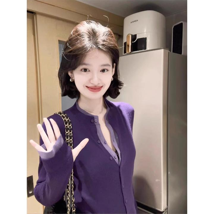 设计感紫色假两件打底针织开衫女春秋小个子内搭撞色拼接长袖上衣