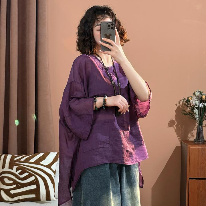 漫漫家非遗服饰【月影】夏季新款100%纯苎麻套头衫防晒显瘦大码上衣