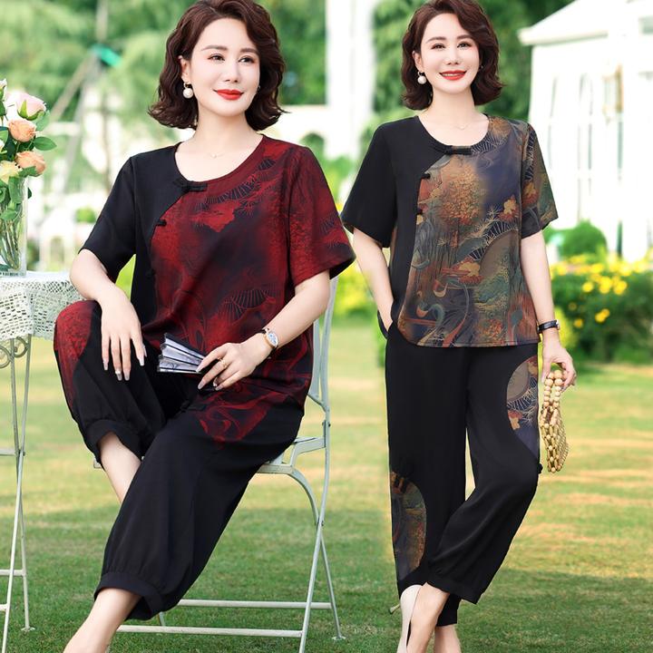 200斤胖妈妈夏装加肥加大码短袖套装中老年女宽松遮肚奶奶两件套