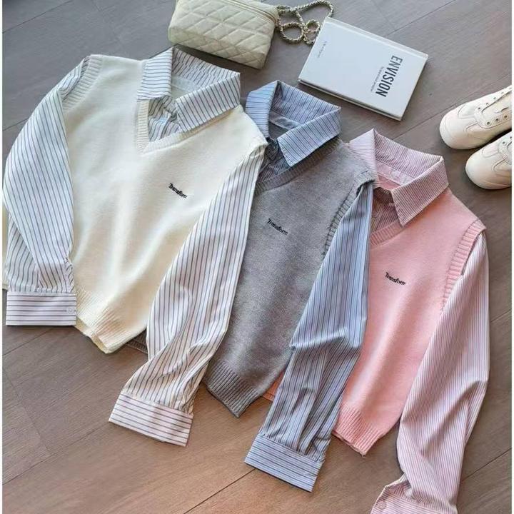 【假两件针织】早秋款翻领女装休闲百搭学院风叠穿长袖衬衫上衣