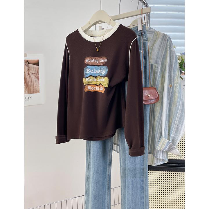 设计感拼接字母印花长袖打底衫冬季双面加绒加厚保暖女装内搭上衣