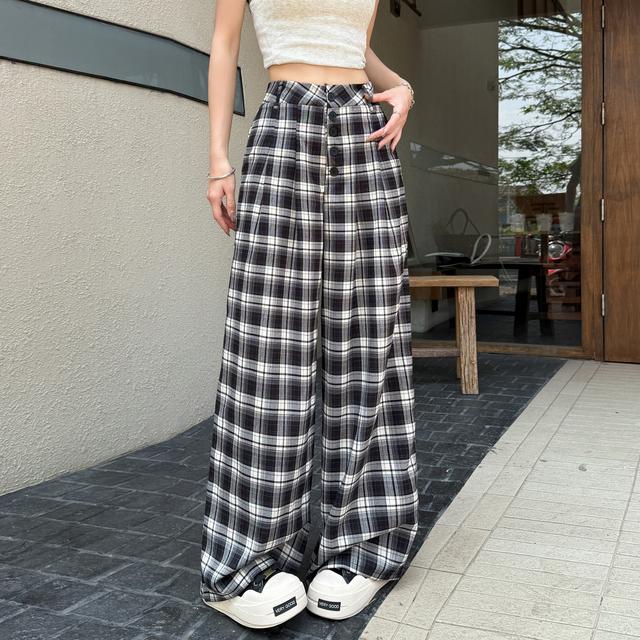 美式格子裤子女夏季2025年新款设计感排扣高腰拖地直筒休闲阔腿裤