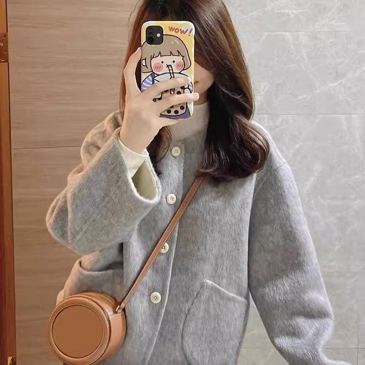 灰色双面羊毛毛呢外套女秋冬季2025新款韩系小香风超好看呢子大衣