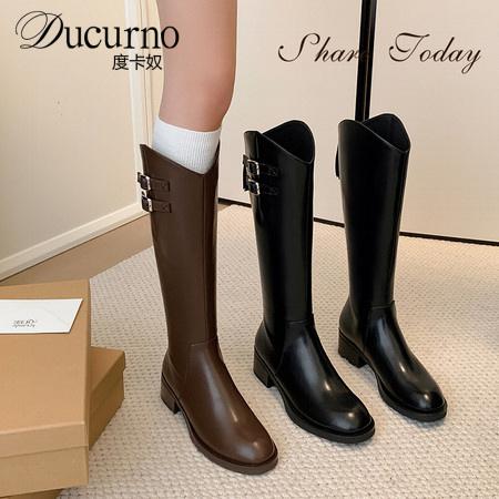 DUCURNO英伦风时尚棕色显瘦骑士靴女圆头粗跟后拉链不过膝长筒靴