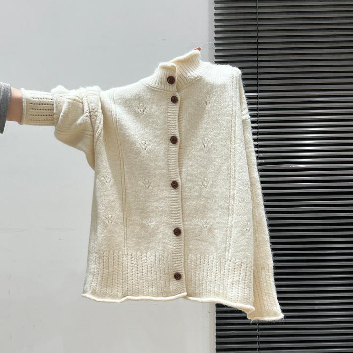 高级感立领针织开衫加厚毛衣外套女2025秋冬半高领镂空慵懒风上衣
