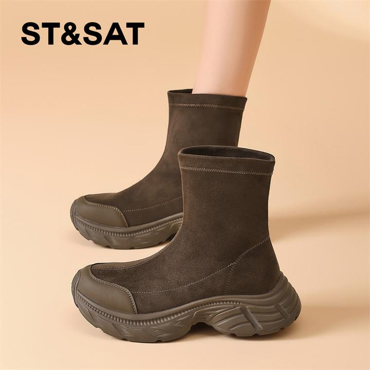 星期六复古棕色短靴女款2025新款秋季厚底马丁靴高跟瘦瘦靴西部靴