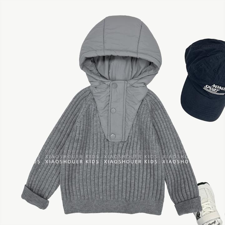 冬季【小暖炉】男女童韩版简约纯色套头拼接连帽针织毛衣HBB8314-1