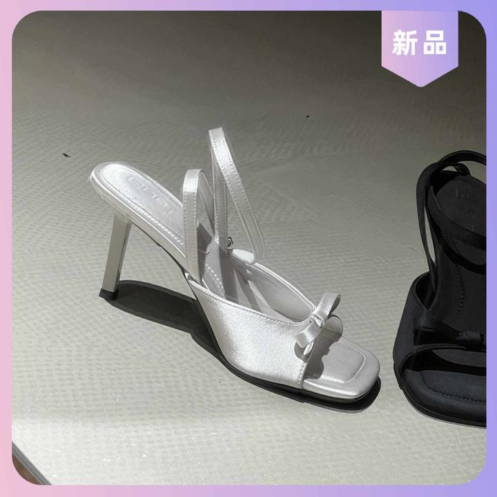 脚腕气质露趾女绸缎绊带银色凉拖鞋凉鞋高跟细跟蝴蝶结