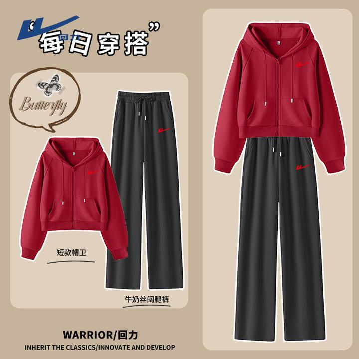 Warrior/回力过年红套装宽松阔腿裤显瘦短款春秋运动休闲运动套装