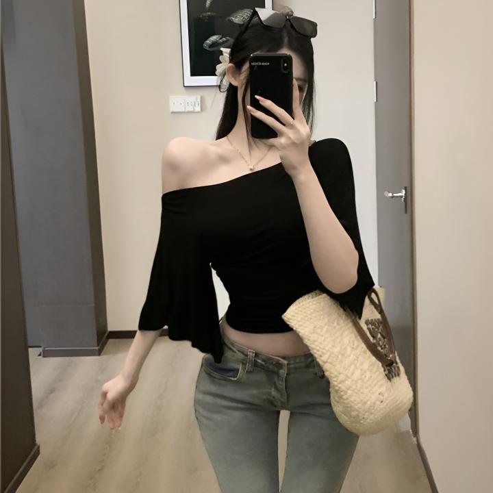 设计感荡领斜肩一字肩七分袖短袖T恤女夏季气质显瘦修身小众上衣