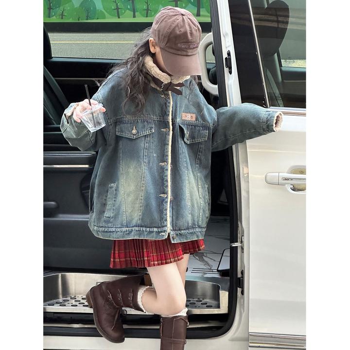 K30411孙小美韩系做旧女童加绒牛仔外套2025新款秋冬儿童加厚夹克
