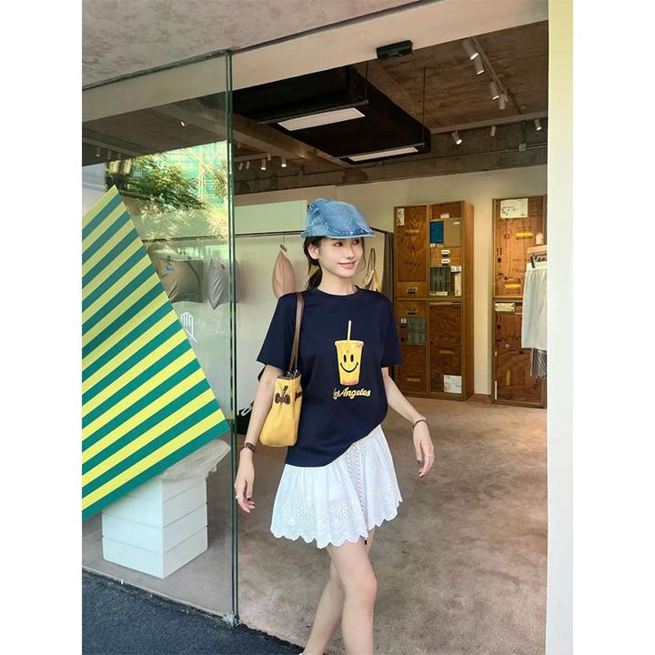 夏季新款韩系时髦显瘦休闲印花短袖上衣高腰设计感镂空A字短裙潮