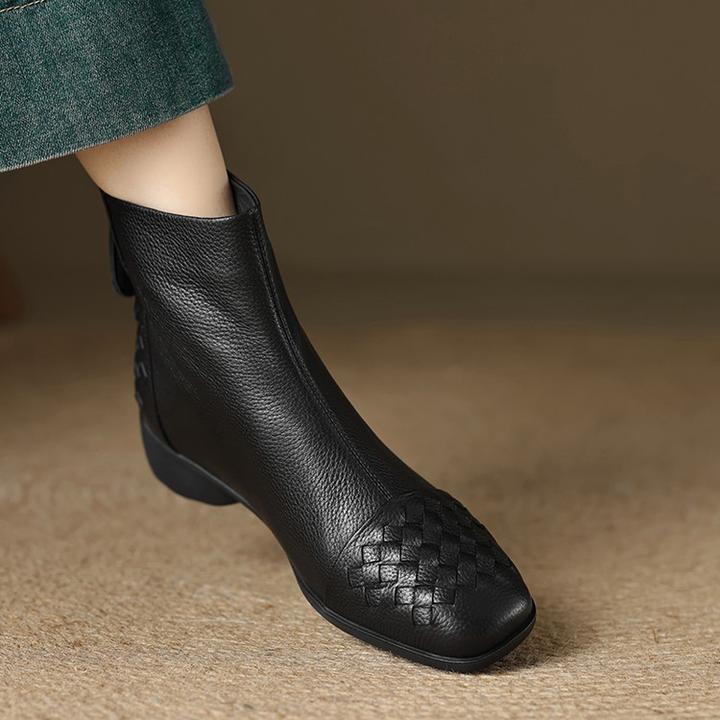 法式复古真皮方头编织粗跟短靴女2025秋冬新款气质百搭通勤及踝靴