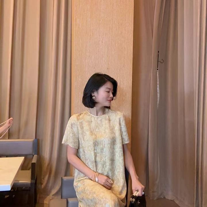 TANTAN  真丝 气质时尚印花浅黄色短袖连衣裙1928