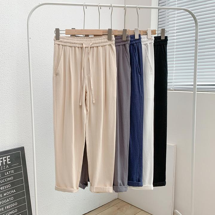 中国风轻薄款透气亚麻裤子男士潮流休闲九分裤夏季宽松百搭直筒裤